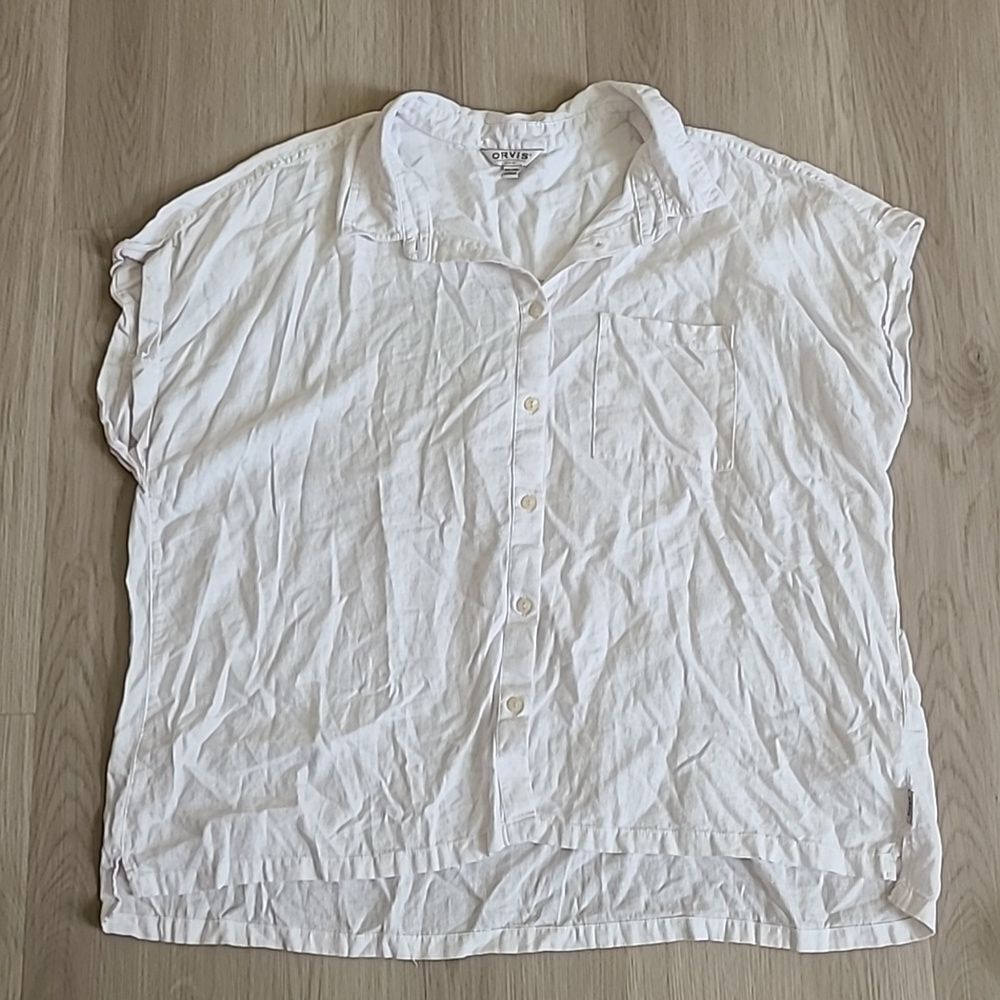 Orvis Classic White Button-Down Shirt Linen Blend XXL Beachy Costal Grandma - Picture 2 of 6